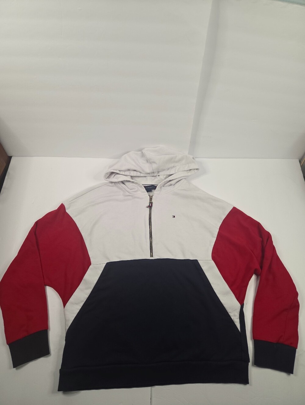 Tommy Hilfiger Half Zip Hoodie Colorblock Navy Red White Flag Logo Small